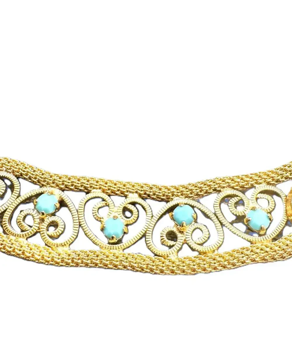 Vintage Gold Toned Filigree Choker with Turquoise-Colored Cabochon, 15 1/2 inch